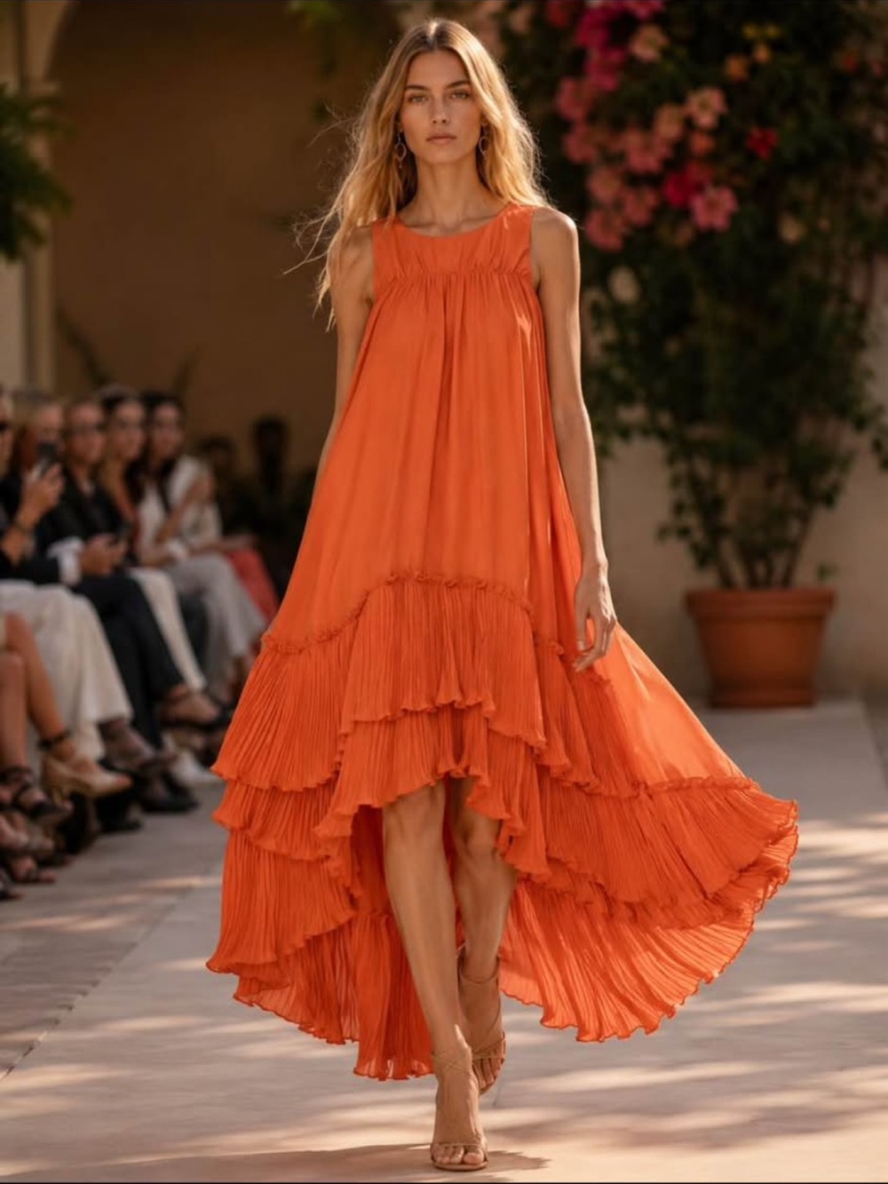 Halston Heritage Orange High-Low Tiered Maxi Dress
